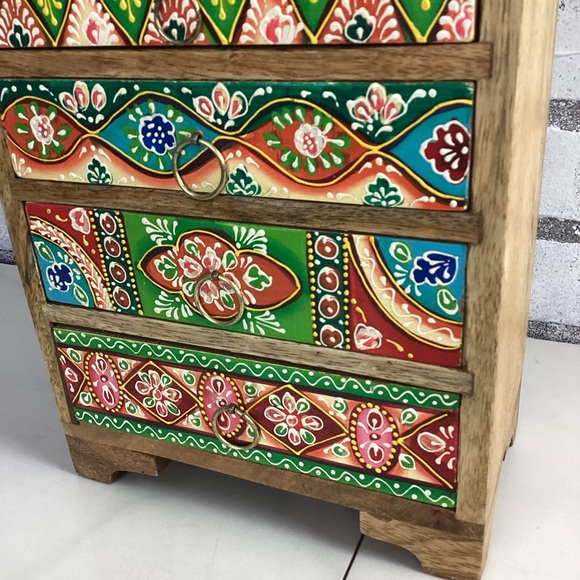 Wooden Handmade Hand-Painted 5-Drawer Chest Rainbow Embossed Work, India - Picture 2 of 12